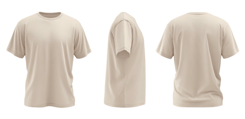 A beige t-shirt displayed from front, side and rear. Featuring a crew neck and short sleeves