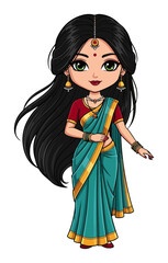 Cute Indian Girl in Teal Saree – Chibi Cartoon Character with Jewelry and Bindi