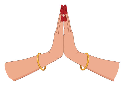 Indian woman hands in Namaste prayer gesture with bangles and alta. Close up vector illustration of Anjali Mudra for welcome and respect