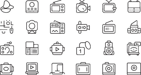 Collection of black line art icons representing vintage and modern electronic devices vector