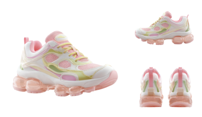Pastel athletic footwear presented in multiple views, showcasing design details on a black backdrop