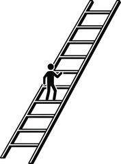 Black silhouette of a person climbing a long ladder icon representing career path, success, challenge, progress, and ambition
