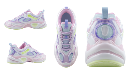 3D rendered pastel-colored sneakers, multi-angle views, with textured details and a unique design