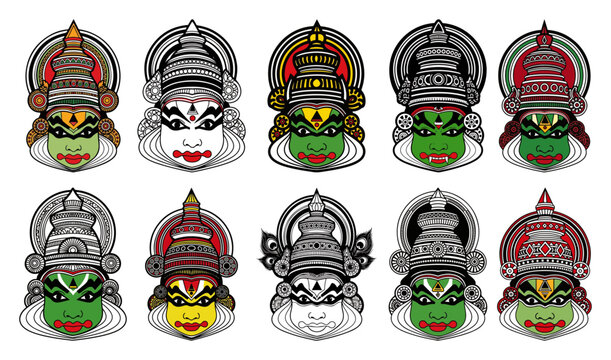 Kathakali Dancer Faces Icon Set &ndash; Kerala Classical Dance Masks Collection Vector
