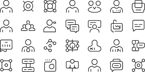 Fototapeta premium Collection of black outline icons representing people communication and network connections vector