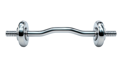 A detailed, isolated, and metallic chrome-finished barbell, curved in a close-up shot