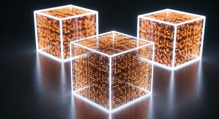Three luminous cubes filled with orange data points, set against a dark background, showcasing a futuristic digital concept ideal for tech or data visualization