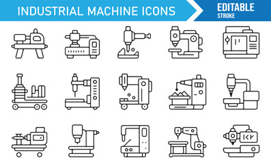 CNC machinery and lathe vector icons, minimal line art collection for industrial design.