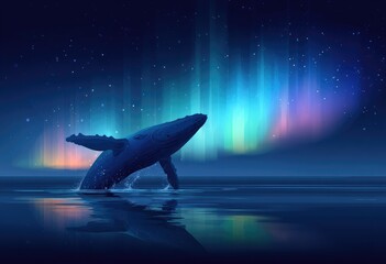 Obraz premium Whale Breaching Under Northern Lights in Arctic Ocean.
