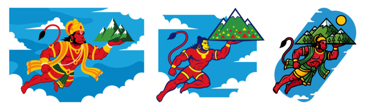 Lord Hanuman Flying with Dronagiri Mountain. Hindu God Character Set from Ramayana Epic for Hanuman Jayanti.