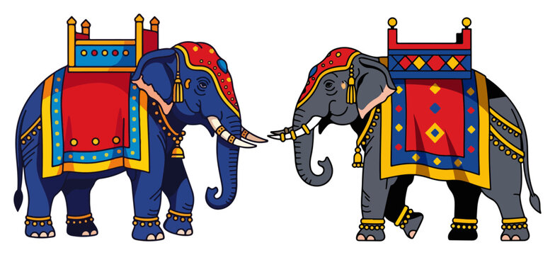 Decorated Indian elephants for a traditional festival or royal ceremony. Colorful majestic animal vector illustration for wedding and cultural design.
