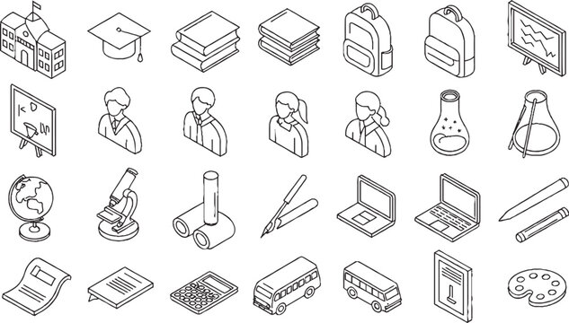 Isometric line art collection of school and education related objects and symbols school building graduation cap