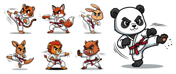 Cute Cartoon Animals Practicing Karate. Martial Arts Mascot Character Set (Tiger Panda Fox Lion). © Cristiano