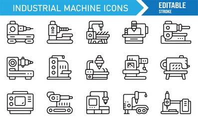 Manufacturing process icons, editable vector stroke industrial machinery illustration pack.