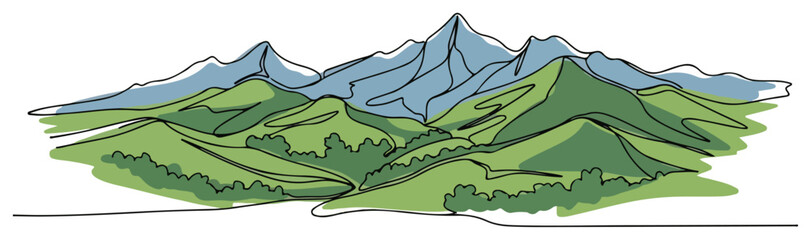 Mountain landscape continuous line drawing. Minimalist one line art of hills and peaks for travel and nature design © Cristiano