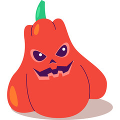 Orange cartoon pumpkin character with carved evil face and green stem on transparent background Halloween theme