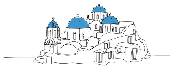 Santorini Greece with blue domes continuous line drawing. Famous Greek island landmark one line art for summer travel © Cristiano