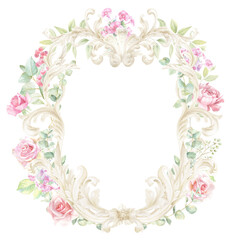 Rococo Watercolor Pink Rose Frame, floral PNG, hand-painted Bouquet 