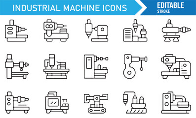 Editable vector stroke industrial machines, CNC tools, lathe, and drill equipment icons.