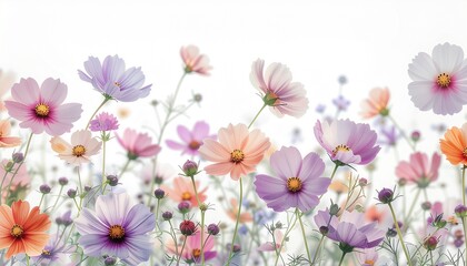 A beautiful field of delicate cosmos flowers in soft pastel colors against a bright white background. This dreamy and gentle floral scene evokes a feeling of spring.