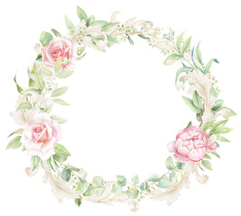 Rococo Watercolor Pink Rose Wreath, floral frame PNG, hand-painted Bouquet 