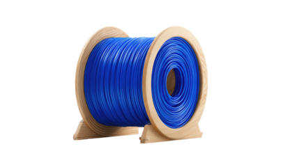 3D render shows a wooden spool filled with vibrant blue wire against a solid black backdrop