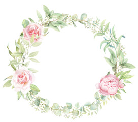 Rococo Watercolor Pink Rose Wreath, floral frame PNG, hand-painted Bouquet 