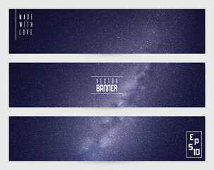 Dark blue gray horizontal banners set. Night starry sky and Milky Way