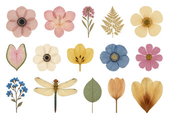 Fototapeta premium PNG Pressed flowers and leaves collection, element set on transparent background