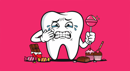 Crying tooth with tooth pain sweets and various candies, chocolate bars, lollipops, cupcakes on vibrant pink background. Cartoon tooth with tooth pain sweets surrounded by sugary treats,