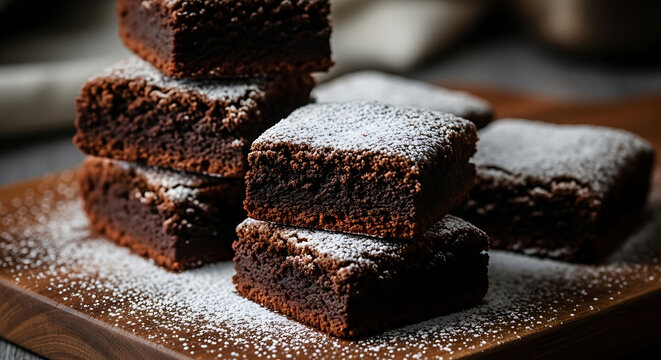 Stacked chocolate brownies dusted with powdered sugar, appetizing presentation.