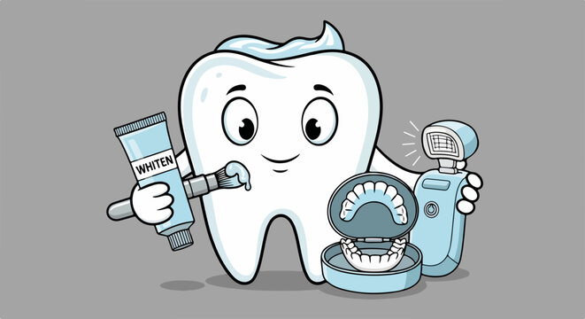 Cartoon tooth with teeth whitening kit, toothpaste, toothbrush. Advanced teeth whitening has mouth trays, light, oral products for bright smile.