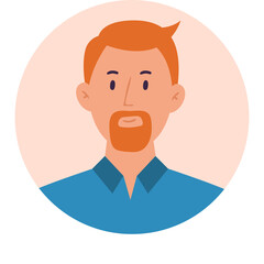 Close Up Portrait Of A Smiling Man With Red Beard And Blue Shirt In A Peach Circle On Transparent Background Simple Flat Design Avatar