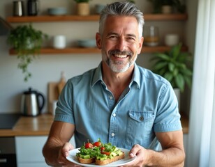 Mature man in his late thirties holds a plate with avocado toast. He smiles broadly looking at camera. Healthy food lunch meal in kitchen at home.