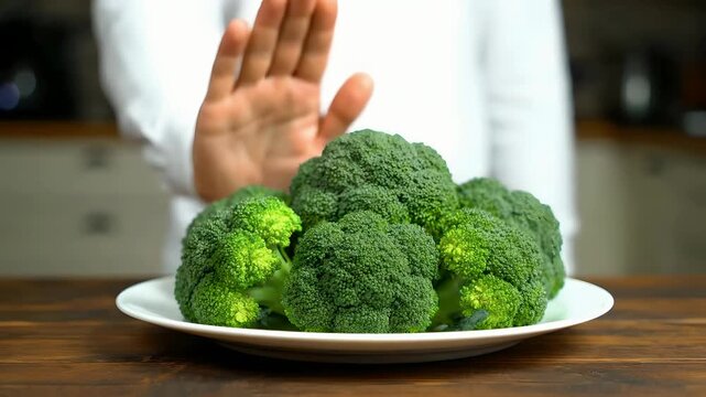 Person Refuses Broccoli: Healthy Eating Dislike and Diet Concept