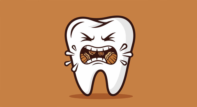 Cartoon bad tooth showing pain and decay on plain background, distressed bad tooth character with brown cavities and liquid splatters signifies oral health problems.