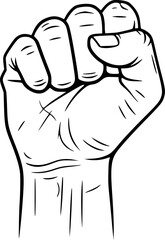Fist hand drawing. It is a black and white outline image of a clenched fist, a powerful symbol of strength, resistance, or solidarity. Vector sketch line art draw