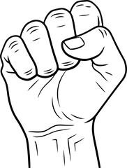 Fist hand drawing. It is a black and white outline image of a clenched fist, a powerful symbol of strength, resistance, or solidarity. Vector sketch line art draw