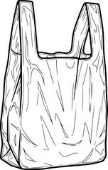 Plastic bag drawing. It is a black and white outline image of a common plastic shopping bag, often associated with retail and groceries. Vector sketch line art draw