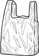 Plastic bag drawing. It is a black and white outline image of a common plastic shopping bag, often associated with retail and groceries. Vector sketch line art draw