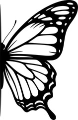 Half butterfly silhouette. This image shows a black silhouette of half a butterfly with detailed wings and antennae, also referred to as a butterfly outline. Vector clipart black illustration design