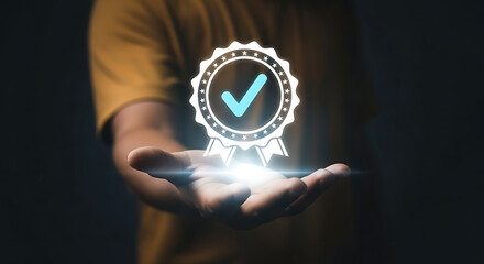 Person holding a glowing checkmark symbol, representing quality, approval, or validation.