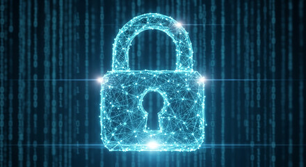 Abstract cyan padlock, digital network mesh, binary code background, symbolizes cybersecurity, data protection, internet security, digital safety