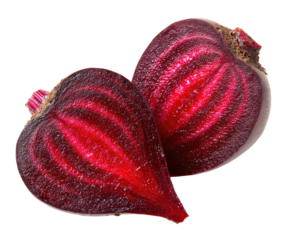 Two halves of a vibrant red beetroot displaying concentric rings and a textured surface