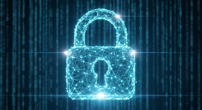 Abstract cyan padlock, digital network mesh, binary code background, symbolizes cybersecurity, data protection, internet security, digital safety