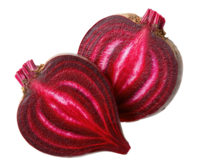 A halved, vibrant red root vegetable showcasing striking internal concentric circles