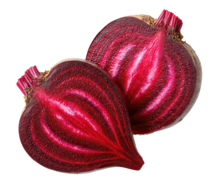 A halved, vibrant red root vegetable showcasing striking internal concentric circles