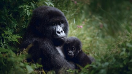 A mother gorilla cradles her infant protectively amidst the dense green foliage of its natural habitat