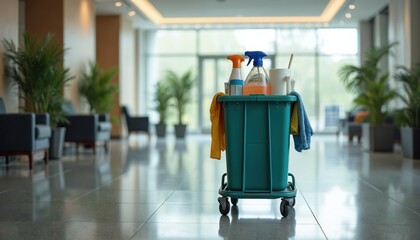 Cleaning cart in a modern office lobby. Cleaning supplies include spray bottles towels and other tools. The space appears clean with green plants in the background. Pro janitorial service.