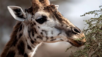 Close up profile of a giraffe eating leaves from a green bush